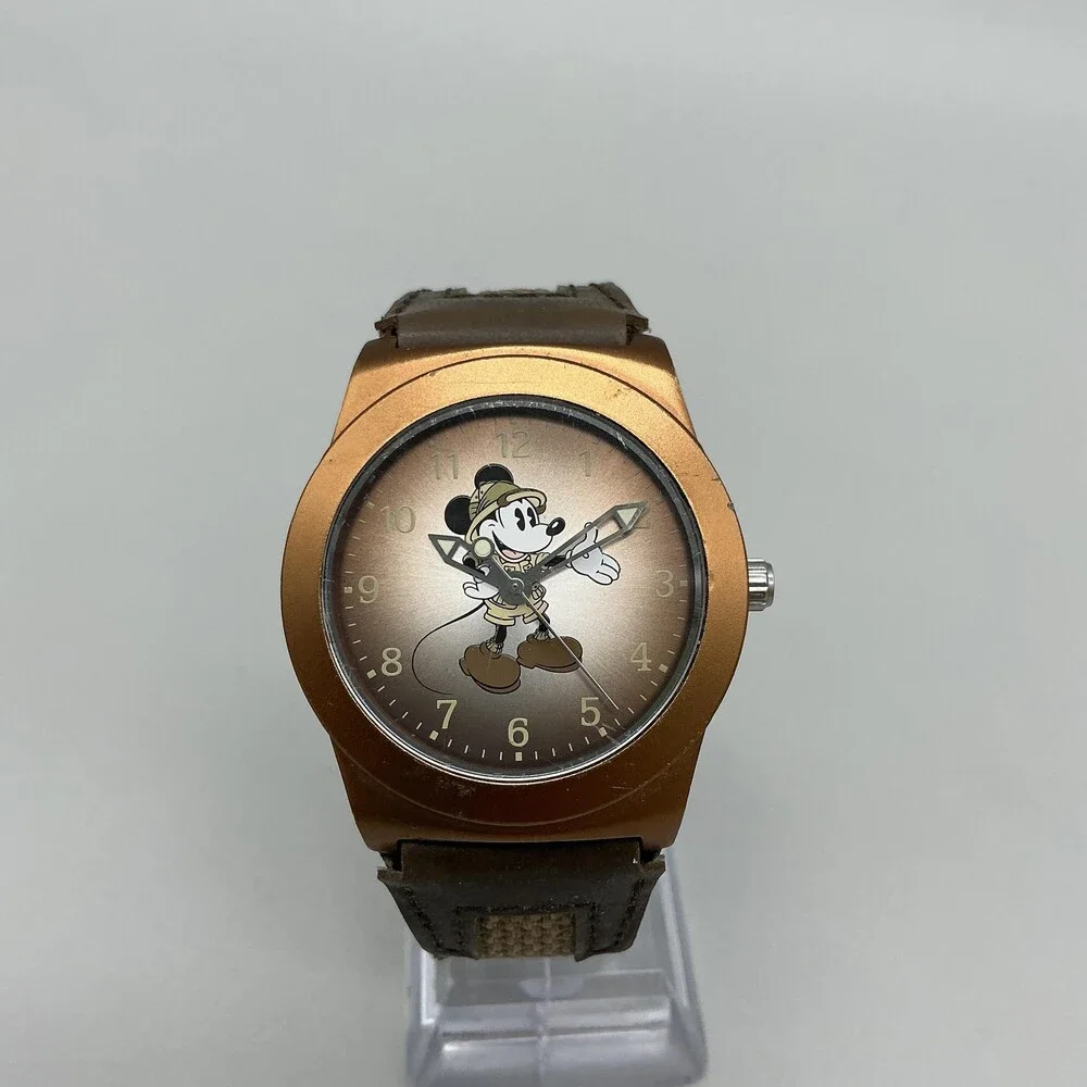 Disney Parks Mickey Mouse Mens Watch 38mm Bronze Dial Canvas Strap New Battery